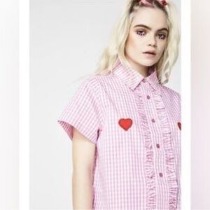 LAZY OAF gingham pink with hearts button up cropped shirt | SIZE L